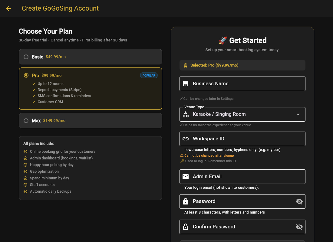 The signup form with venue name and workspace ID