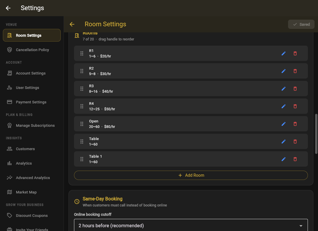Room Settings with a list of rooms