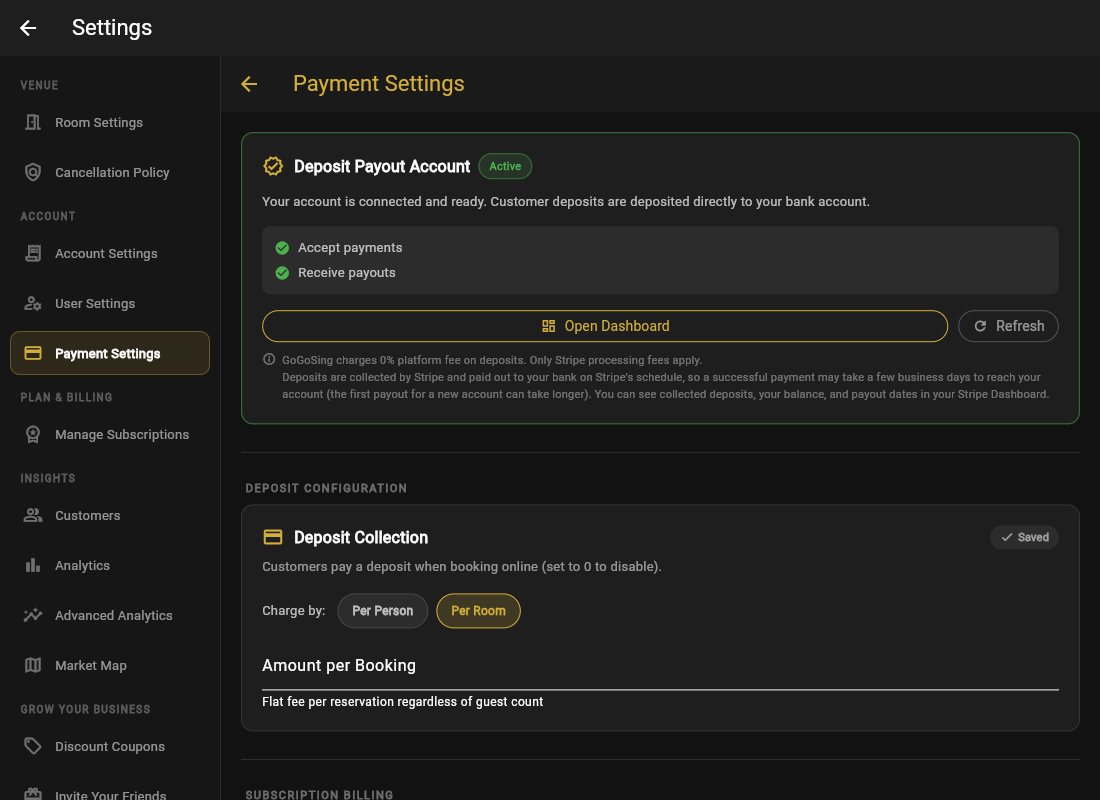 Payment Settings with Stripe connected and Active