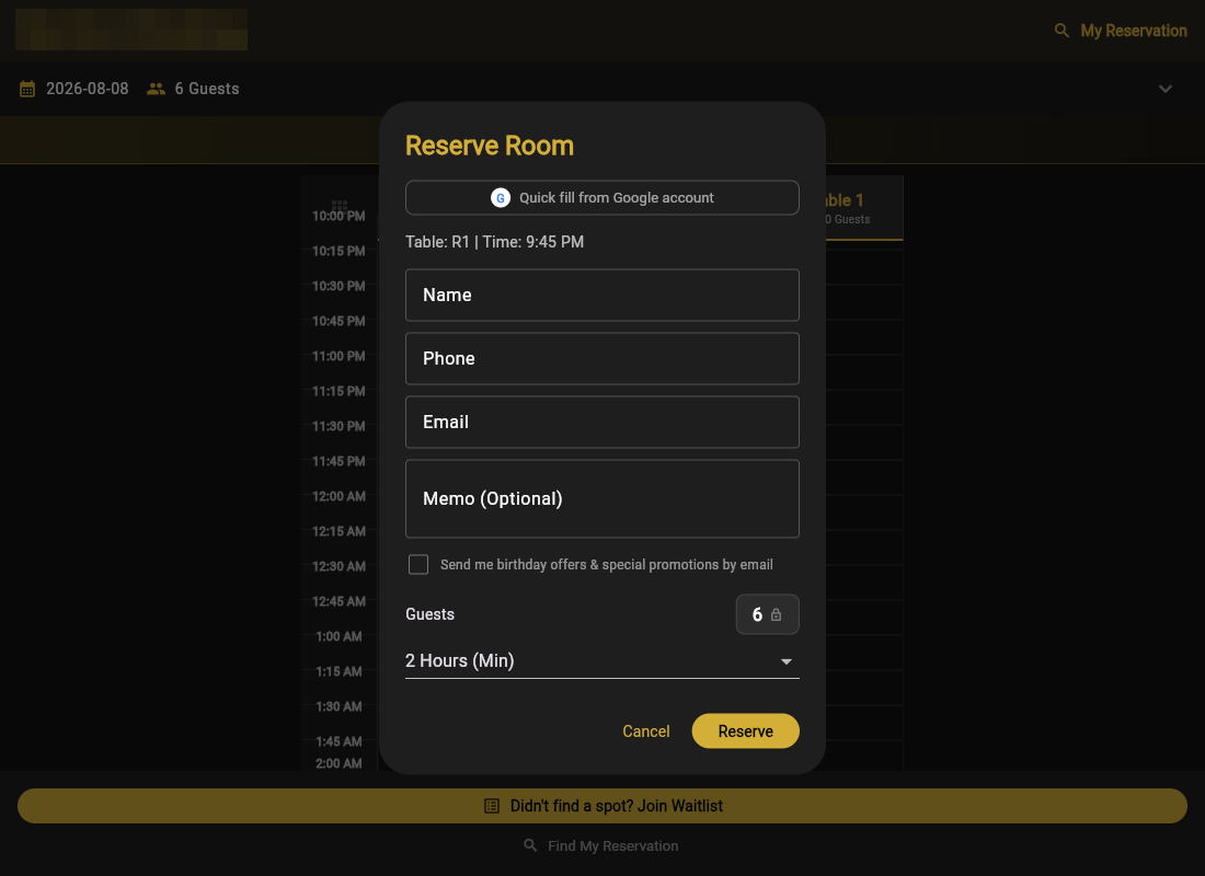 The guest booking form: name, phone, and duration before the deposit step