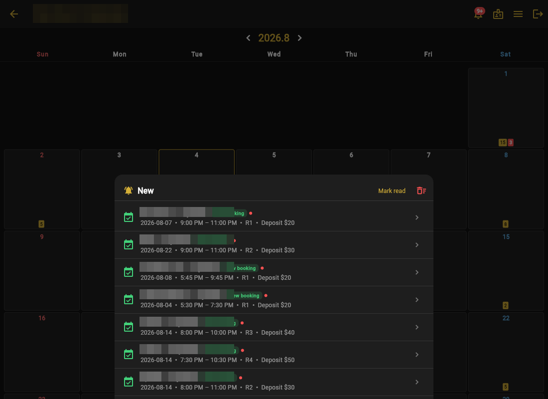 The New panel with a booking, a cancellation, and a waitlist entry