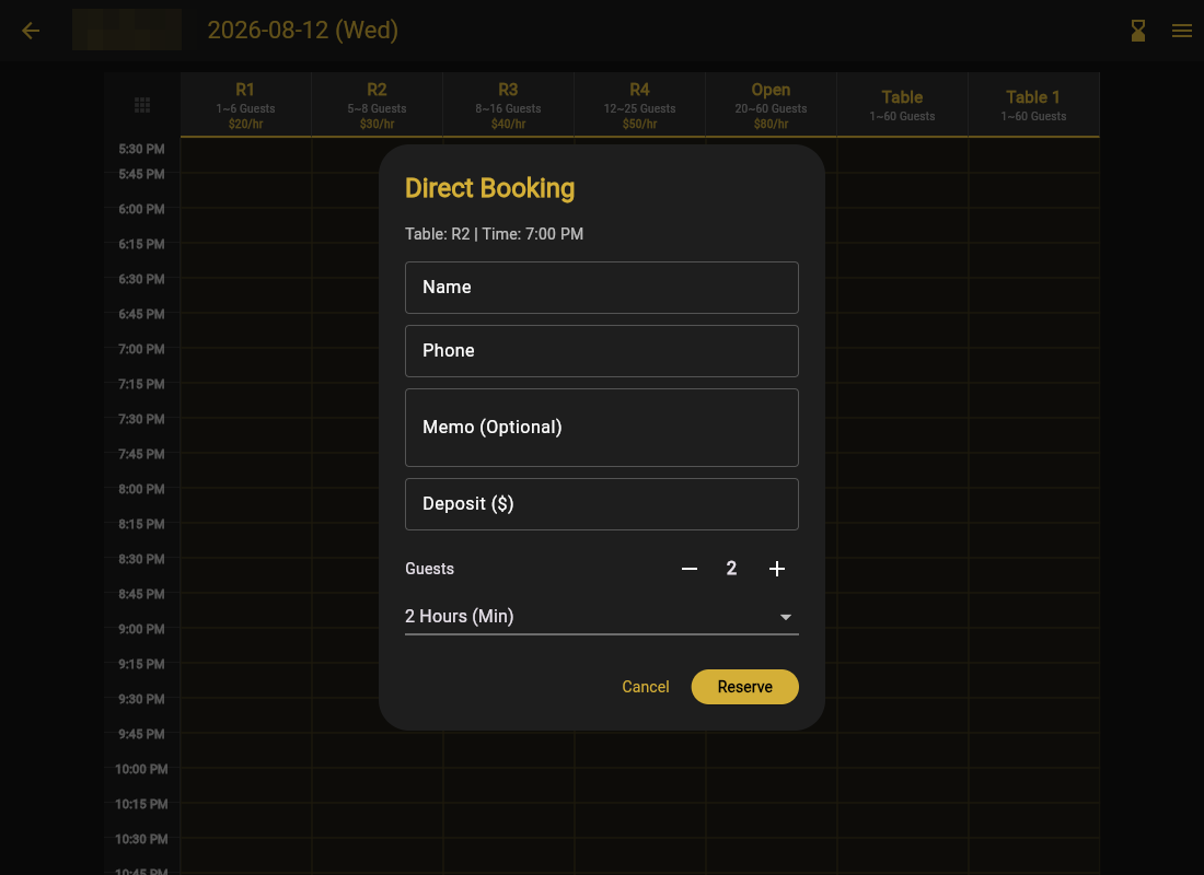 The direct booking form on the calendar