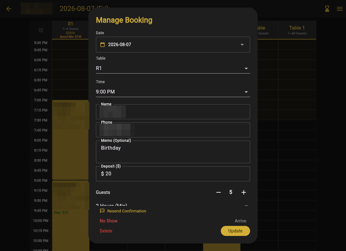 The Manage Booking sheet: adjust, resend confirmation, no-show, or delete
