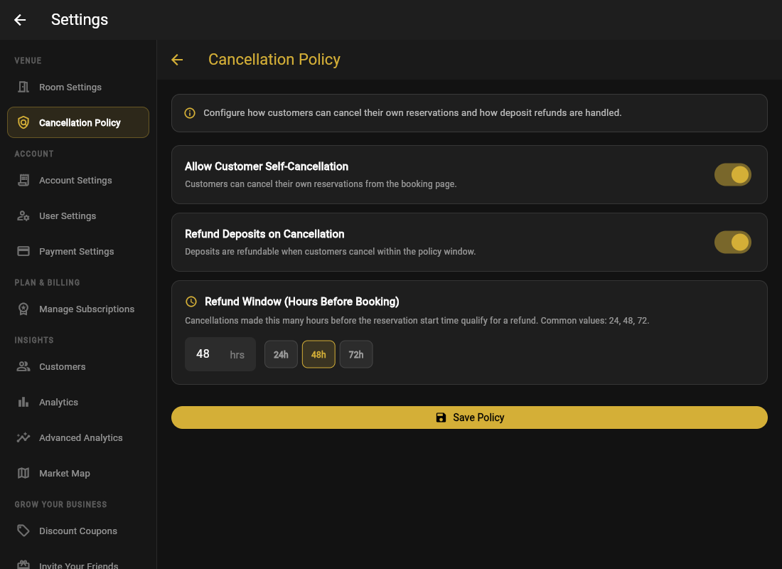 Cancellation policy settings