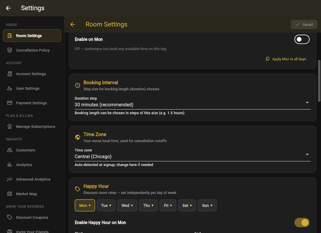 Duration, interval and gap settings