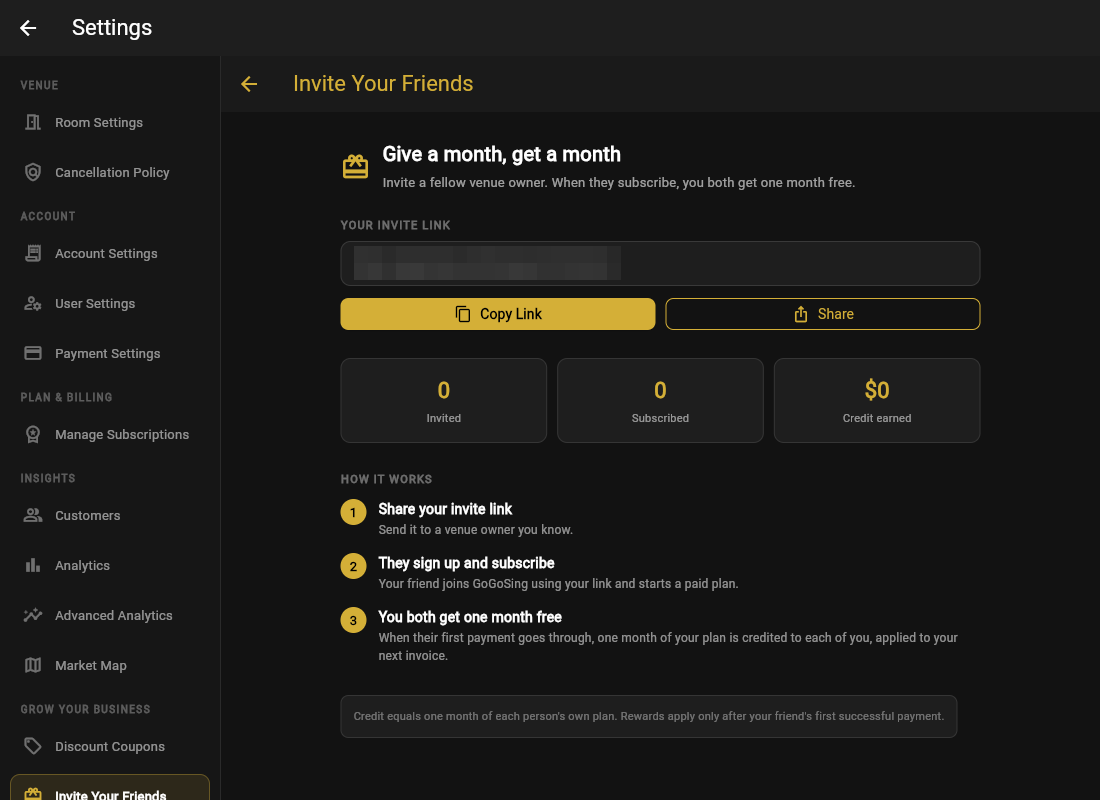 The invite screen with your link and credit status