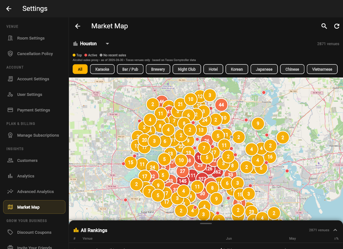 The market map with venue pins