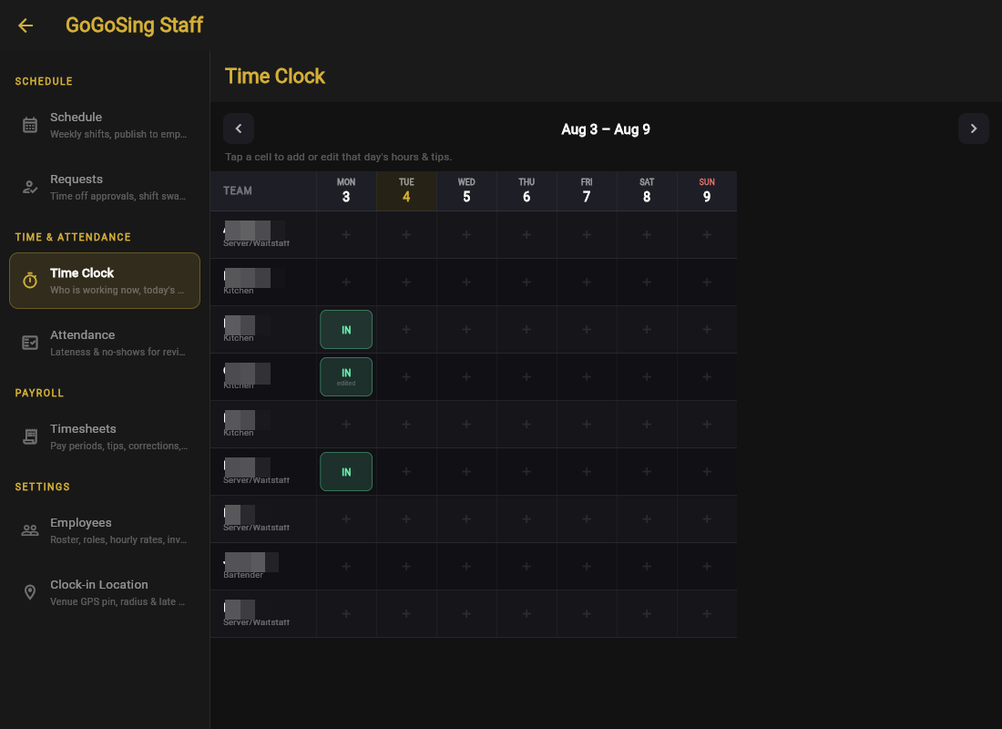 The time clock grid with live IN badges