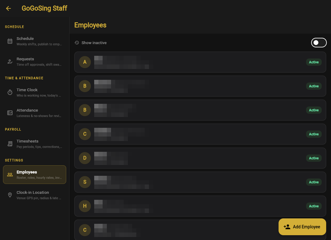 The employee roster with roles, rates, and status
